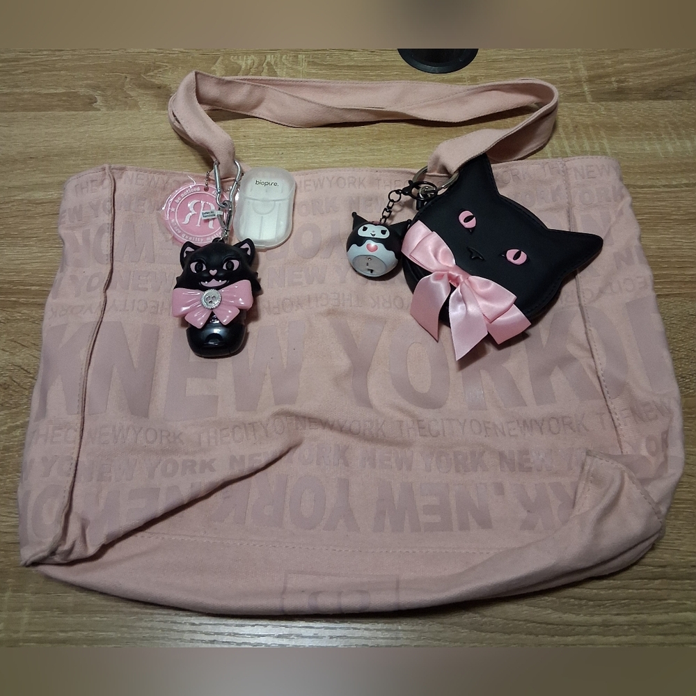 Royal Robbins Pink NY Tote with B&BW Cat Accessories and Kuromi Charm Keychains
